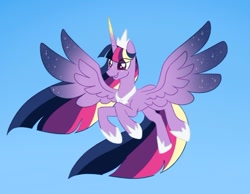 Size: 640x497 | Tagged: safe, artist:horse-time-babey, imported from derpibooru, twilight sparkle, alicorn, pony, colored wings, crown, description is relevant, female, gradient horn, gradient wings, happy, hoof shoes, horn, jewelry, multicolored hair, redesign, regalia, sparkles, twilight sparkle (alicorn), wings