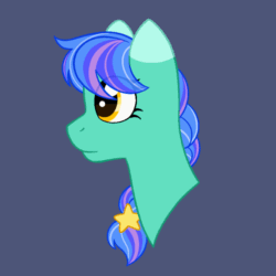 Size: 640x640 | Tagged: safe, artist:horse-time-babey, imported from derpibooru, oc, oc only, oc:casterbay, earth pony, pony, animated, braid, eye clipping through hair, eyebrows, eyebrows visible through hair, female, floppy ears, gif, green coat, hairclip, lidded eyes, looking at you, mare, purple background, simple background, smiling, smiling at you, smirk, solo, stars, yellow eyes