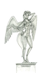 Size: 950x1372 | Tagged: safe, artist:baron engel, imported from derpibooru, rainbow dash, anthro, pegasus, bra, breasts, clothes, female, grayscale, mare, monochrome, pencil drawing, simple background, solo, statue, traditional art, underwear, uniform, white background, wonderbolts uniform