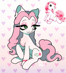 Size: 640x706 | Tagged: safe, artist:big-bangss, imported from derpibooru, desert rose, earth pony, pony, eyelashes, eyeshadow, female, g3, heart, looking sideways, makeup, mare, raised hoof, redesign, simple background, sitting, solo, tiled background