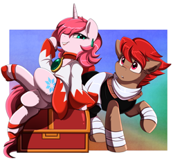 Size: 3100x2970 | Tagged: safe, artist:pridark, imported from derpibooru, oc, oc only, oc:blitz drive, oc:diamond stellar, earth pony, pony, unicorn, blushing, clothes, commission, crossed legs, duo, ear piercing, earring, earth pony oc, female, gradient background, hair over one eye, high heels, high res, horn, jewelry, lipstick, male, piercing, scarf, shoes, sitting, treasure chest, unicorn oc, white mage