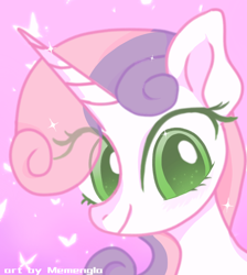 Size: 1008x1127 | Tagged: safe, artist:memengla, imported from derpibooru, sweetie belle, pony, unicorn, bust, eye clipping through hair, female, looking at you, smiling, smiling at you, solo