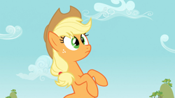 Size: 1920x1080 | Tagged: safe, imported from derpibooru, screencap, applejack, earth pony, pony, apple family reunion, animation error, applejack's hat, broken spine, cloud, cowboy hat, female, hat, mare, mountain, sky, solo, tree