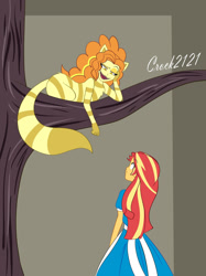 Size: 1280x1715 | Tagged: safe, artist:crock2121, imported from derpibooru, adagio dazzle, sunset shimmer, cat, human, equestria girls, equestria girls series, alice, alice in wonderland, cheshire cat, clothes, cosplay, costume, dress, female, simple background, tree, tree branch, white background