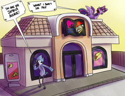 Size: 3880x2975 | Tagged: safe, artist:timsplosion, imported from derpibooru, twilight sparkle, alicorn, pony, cellphone, combination pizza hut and taco bell, crossover, crossover shipping, dialogue, female, glowing, glowing horn, horn, magic, male, mare, mordecai, mordetwi, phone, pizza hut, regular show, shipping, straight, taco bell, telekinesis, twilight sparkle (alicorn)