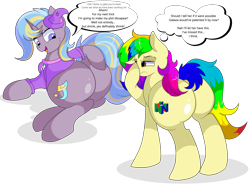 Size: 9000x6750 | Tagged: safe, artist:rainbowtashie, imported from derpibooru, oc, oc:rainbow tashie, oc:strict talent, earth pony, pony, unicorn, butt, clothes, commissioner:bigonionbean, cutie mark, dialogue, dummy thicc, extra thicc, female, flank, fusion, fusion:ms. harshwhinny, fusion:trixie, hat, mare, nintendo, nintendo 64, plot, simple background, the ass was fat, thought bubble, transparent background, writer:bigonionbean