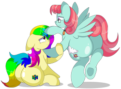 Size: 9500x7000 | Tagged: safe, artist:rainbowtashie, imported from derpibooru, posey shy, windy whistles, oc, oc:gentle breeze, oc:rainbow tashie, earth pony, pegasus, pony, butt, commissioner:bigonionbean, cutie mark, dummy thicc, extra thicc, female, flank, flying, fusion, fusion:gentle breeze, glasses, mare, plot, simple background, sitting, the ass was fat, transparent background, writer:bigonionbean