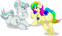 Size: 8700x5100 | Tagged: safe, artist:rainbowtashie, imported from derpibooru, oc, oc:glossy granite, oc:rainbow tashie, earth pony, pony, unicorn, butt, commissioner:bigonionbean, cutie mark, dummy thicc, extra thicc, female, flank, fusion, fusion:cloudy quartz, fusion:twilight velvet, glasses, lying down, mare, plot, simple background, the ass was fat, transparent background, writer:bigonionbean