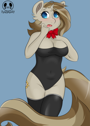 Size: 3445x4823 | Tagged: safe, artist:panda-man90, imported from derpibooru, oc, oc only, oc:royal minutes, anthro, earth pony, unguligrade anthro, unicorn, blushing, bowtie, breasts, cleavage, clothes, commissioner:bigonionbean, cutie mark, embarrassed, female, fusion, fusion:prince blueblood, fusion:time turner, horn, leggings, mare, one-piece swimsuit, rule 63, shocked, shy, socks, solo, swimsuit, tail, thigh highs, writer:bigonionbean