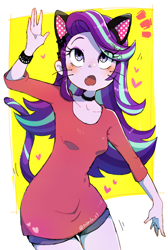 Size: 2144x3200 | Tagged: dead source, safe, artist:fuyugi, imported from derpibooru, starlight glimmer, equestria girls, abstract background, blushing, breasts, cat ears, cat tail, catgirl, choker, cute, cute little fangs, eye clipping through hair, eyebrows, fangs, female, glimmerbetes, high res, kemonomimi, looking up, neko, open mouth, small breasts, solo, tail, whiskers