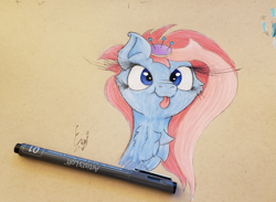 Size: 1709x1253 | Tagged: safe, artist:engi, imported from derpibooru, kerfuffle, pegasus, pony, :p, chest fluff, colored pencil drawing, cute, eyelashes, female, happy, looking at you, pencil, photo, pincushion, simple background, smiling, solo, tongue out, traditional art