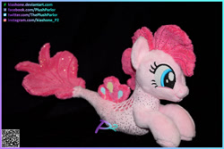 Size: 1095x730 | Tagged: safe, artist:kiashone, imported from derpibooru, pinkie pie, seapony (g4), black background, irl, photo, plushie, qr code, seaponified, seapony pinkie pie, simple background, species swap, text