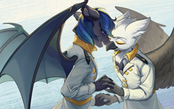 Size: 2530x1590 | Tagged: safe, artist:莫衡, imported from derpibooru, oc, oc only, oc:nocturne star, oc:tristan alastair, anthro, bat pony, griffon, beak, blue hair, blue mane, chest fluff, claws, clothes, couple, duo, gay, gray coat, grey fur, griffon oc, half body, hand, holding hands, love, male, military uniform, oc x oc, peaceful, purple eyes, shipping, smiling, smirk, spread wings, suit, uniform, wallpaper, white coat, white fur, white shirt, wings