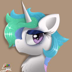 Size: 5000x5000 | Tagged: safe, artist:engi, imported from derpibooru, princess celestia, alicorn, pony, chest fluff, colored pupils, cute, digital art, ethereal mane, eyelashes, eyeshadow, female, horn, lidded eyes, looking at you, makeup, mare, short mane, simple background, smiling, smiling at you, smirk, smug, solo, starry eyes, starry mane, wingding eyes