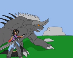 Size: 1991x1583 | Tagged: safe, artist:kurogetsuouji, imported from derpibooru, oc, anthro, kirin, anthro oc, behemoth, final fantasy, gunblade, kirin oc, size difference, weapon