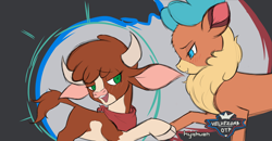 Size: 2476x1290 | Tagged: safe, artist:hyakuen, imported from derpibooru, cow, deer, reindeer, them's fightin' herds, arizona (tfh), blushing, cloven hooves, community related, female, holding hooves, lesbian, looking at each other, looking at someone, open mouth, parody, shipping, velvet (tfh), velvezona