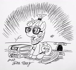 Size: 2692x2472 | Tagged: safe, artist:debmervin, imported from derpibooru, moondancer, pony, unicorn, book, clothes, female, glasses, lonely, mare, melancholy, monochrome, mouse hole, sweater