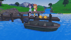 Size: 1280x720 | Tagged: safe, imported from derpibooru, sci-twi, sunset shimmer, twilight sparkle, equestria girls, boat, camp everfree outfits, dock, eddy misbehaves at camp goville, female, goanimate, lake, lesbian, lifejacket, roblox, scitwishimmer, shipping, sunsetsparkle, tree, walking