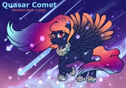 Size: 2048x1431 | Tagged: safe, artist:magoconut, imported from derpibooru, princess luna, rainbow dash, oc, oc only, oc:quasar comet, pegasus, pony, bismuth, bismuth crystal, colored wings, colors, comet, crystal, female, flowing mane, flowing tail, fusion, fusion:princess luna, fusion:rainbow dash, jewelry, looking at you, lunadash (fusion), mare, multicolored hair, multicolored wings, night, night sky, pegasus oc, sky, smiling, smiling at you, solo, spread wings, stars, tail, watermark, wings