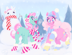 Size: 1027x788 | Tagged: safe, artist:pastelperyton, imported from derpibooru, minty, pinkie pie (g3), pony, beanie, clothes, earmuffs, g3, g3 to g4, g4, generation leap, hat, scarf, snow, snowflake, snowpony, socks