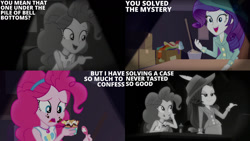 Size: 1280x720 | Tagged: safe, edit, edited screencap, editor:quoterific, imported from derpibooru, screencap, pinkie pie, rarity, equestria girls, equestria girls series, rarity investigates: the case of the bedazzled boot, clothes, cutie mark on clothes, duo, duo female, eating, female, food, geode of sugar bombs, jewelry, magical geodes, necklace, open mouth, open smile, rarity investigates (eqg): pinkie pie, smiling, tanktop