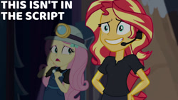 Size: 1280x720 | Tagged: safe, edit, edited screencap, editor:quoterific, imported from derpibooru, screencap, fluttershy, sunset shimmer, equestria girls, equestria girls series, opening night, duo, duo female, female, grin, hairpin, helmet, mining helmet, nervous, nervous grin, open mouth, opening night: sunset shimmer, smiling, sweat