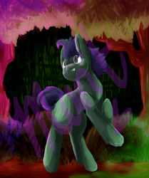 Size: 1636x1960 | Tagged: safe, artist:suunshiin, imported from derpibooru, earth pony, dark background, digital art, dramatic lighting, dramatic pose, forest, hoers, lineless, painting