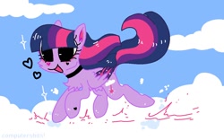 Size: 1092x682 | Tagged: safe, artist:cutiesparke, imported from derpibooru, twilight sparkle, pegasus, pony, blushing, chest fluff, choker, cloud, colored wings, electricity, female, galloping, heart, hoof heart, magic, pegasus twilight sparkle, race swap, running, solo, sparkle, two toned wings, wings