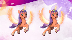 Size: 1280x720 | Tagged: safe, imported from derpibooru, sunny starscout, alicorn, pony, 3d, differences, g5, glowing, glowing horn, glowing wings, horn, long hair, mane stripe sunny, multicolored hair, my little pony: a new generation, official, race swap, spread wings, sunnycorn, vkontakte, wings