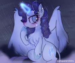 Size: 902x758 | Tagged: safe, artist:cutiesparke, imported from derpibooru, rarity, alicorn, pony, alicornified, chest fluff, cloud, cloudy, crying, curly hair, eye shimmer, eyebrows, eyelashes, eyeshadow, female, field, flushed face, fog, glowing, glowing horn, grass, halo, hoof heart, hoof shoes, horn, jewelry, leonine tail, magic, makeup, nervous, no pupils, race swap, rain, raricorn, regalia, sitting, sky, solo, sparkle, sparkly eyes, storm, tail, watermark, wingding eyes, wings, worried