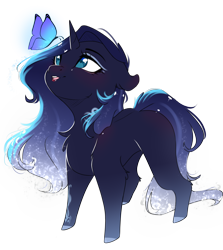 Size: 2500x2800 | Tagged: safe, artist:bambudess, imported from derpibooru, oc, oc only, oc:mystic shadow, butterfly, pony, unicorn, chibi, cute, female, horn, mare, simple background, solo, transparent background