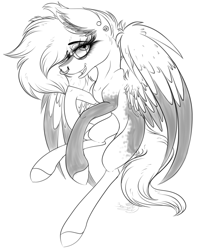 Size: 2373x3005 | Tagged: safe, artist:beamybutt, imported from derpibooru, oc, oc only, pegasus, pony, colored wings, ear piercing, eyelashes, female, grayscale, mare, monochrome, pegasus oc, piercing, simple background, solo, two toned wings, white background, wings