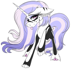 Size: 2925x2809 | Tagged: safe, artist:beamybutt, imported from derpibooru, oc, oc only, hybrid, pony, unicorn, :p, cloven hooves, ear fluff, eyelashes, female, mare, paws, simple background, solo, tongue out, transparent background