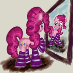 Size: 2110x2110 | Tagged: safe, artist:battyboopers, artist:staremastershy, imported from derpibooru, pinkie pie, earth pony, pony, atg 2014, clothes, eyelashes, female, grin, mare, mirror, raised hoof, reflection, smiling, socks, striped socks