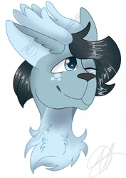 Size: 1002x1412 | Tagged: safe, artist:teonnakatztkgs, imported from derpibooru, oc, oc only, pony, bust, chest fluff, ear fluff, one eye closed, signature, simple background, smiling, solo, white background, wink