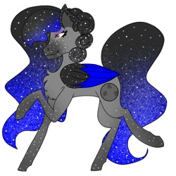 Size: 1500x1500 | Tagged: safe, artist:teonnakatztkgs, imported from derpibooru, oc, oc only, pegasus, pony, chest fluff, colored wings, ethereal mane, eyelashes, makeup, pegasus oc, raised hoof, simple background, smiling, solo, starry mane, two toned wings, white background, wings