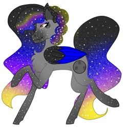 Size: 1500x1500 | Tagged: safe, artist:teonnakatztkgs, imported from derpibooru, oc, oc only, pegasus, pony, chest fluff, colored wings, ethereal mane, eyelashes, makeup, pegasus oc, raised hoof, simple background, smiling, solo, starry mane, two toned wings, white background, wings