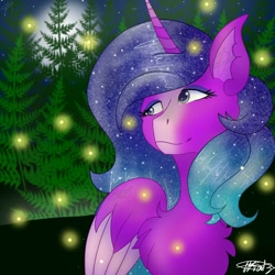 Size: 1500x1500 | Tagged: safe, artist:teonnakatztkgs, imported from derpibooru, oc, oc only, alicorn, firefly (insect), insect, pony, bust, chest fluff, ethereal mane, female, mare, outdoors, signature, smiling, solo, starry mane, stars, tree