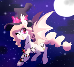 Size: 1713x1533 | Tagged: safe, artist:kaikururu, imported from derpibooru, oc, oc only, bat pony, pony, bat pony oc, chest fluff, female, flying, full moon, hat, mare, moon, night, one eye closed, solo, stars, wink, witch hat