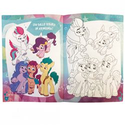 Size: 700x700 | Tagged: safe, imported from derpibooru, hitch trailblazer, izzy moonbow, pipp petals, sunny starscout, zipp storm, earth pony, pegasus, pony, unicorn, 2d, coloring book, female, flying, g5, group, italian, italian coloring book, looking at you, male, mane five (g5), mare, merchandise, my little pony: a new generation, official, photo, raised hoof, siblings, sisters, stallion