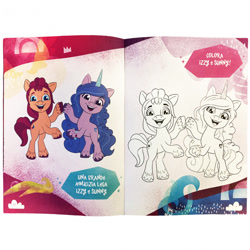 Size: 700x700 | Tagged: safe, imported from derpibooru, izzy moonbow, sunny starscout, earth pony, pony, unicorn, 2d, bipedal, coloring book, g5, happy, holding hoof, italian, italian coloring book, merchandise, my little pony: a new generation, official, photo, smiling, standing