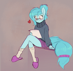 Size: 761x743 | Tagged: safe, artist:rexyseven, imported from derpibooru, oc, oc only, oc:whispy slippers, anthro, plantigrade anthro, blushing, clothes, female, glasses, heart, ponytail, shoe dangling, slippers, smiling, socks, solo, sweater, turtleneck