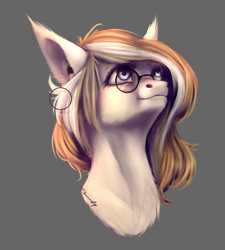 Size: 2070x2300 | Tagged: safe, artist:inarimayer, imported from derpibooru, oc, oc only, earth pony, pony, chest fluff, ear piercing, earring, earth pony oc, glasses, gray background, jewelry, looking up, piercing, simple background, smiling, solo