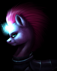 Size: 1840x2300 | Tagged: safe, artist:inarimayer, imported from derpibooru, tempest shadow, pony, unicorn, armor, black background, broken horn, female, horn, mare, simple background, smiling, sparking horn