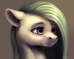 Size: 2300x1840 | Tagged: safe, artist:inarimayer, imported from derpibooru, oc, oc only, earth pony, pony, brown background, eyelashes, female, freckles, mare, realistic, signature, simple background, smiling, solo