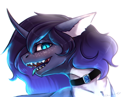 Size: 2000x1600 | Tagged: safe, artist:inarimayer, imported from derpibooru, oc, oc only, pony, unicorn, bust, collar, horn, sharp teeth, simple background, smiling, teeth, tongue out, unicorn oc, white background