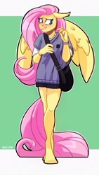 Size: 1080x1920 | Tagged: safe, artist:lrusu, imported from derpibooru, fluttershy, anthro, pegasus, unguligrade anthro, bag, clothes, floppy ears, grin, nervous, shirt, shorts, shoulder bag, smiling, solo, spread wings, wings