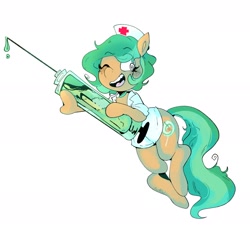 Size: 2376x2168 | Tagged: safe, artist:urbanqhoul, imported from derpibooru, oc, oc only, oc:minty pop, earth pony, pony, giant syringe, needle, nurse, nurse outfit, simple background, solo, syringe, white background