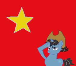 Size: 4175x3641 | Tagged: safe, artist:hunkster, imported from derpibooru, oc, oc only, pony, unicorn, 1000 hours in ms paint, country, cowboy, cowboy hat, frown, hat, high res, horn, rainbow dash salutes, salute, solo, unicorn oc, vietnam