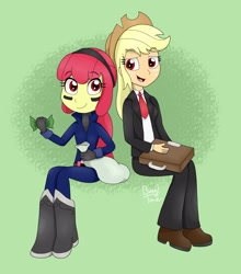 Size: 2550x2904 | Tagged: safe, artist:bageloftime, idw, imported from derpibooru, apple bloom, applejack, equestria girls, ponies of dark water, briefcase, clothes, female, money bag, red eyes, siblings, sisters, suit